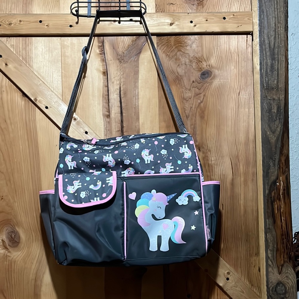 Baby boom gray trimmed in pink with sparkle unicorn and rainbows diaper bag